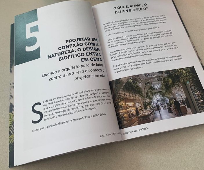 Livro aberto no capítulo 5: Projetar em conexão com a natureza.